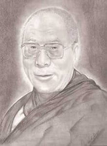 Černobílá kresba tužkou Jeho Svatosti dalajlamy.