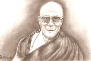 Czarno-biały rysunek ołówkiem Jego Świątobliwości Dalajlamy.
