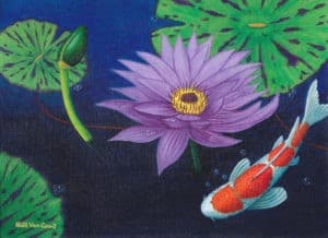 Full color painting of a koi fish and purple lotus in a pond.