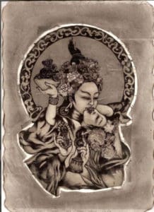 Sépiový obraz Vadžrasattvy s chotí.
