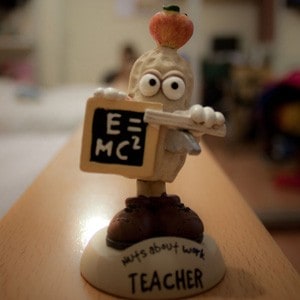 A peanut figure holding a notice: E=MC2 and words: Nuts about work TEACHER.