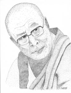 Pen and ink pointillist drawing of His Holiness the Dalai Lama.