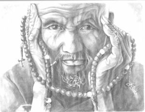 Pencil drawing of a man holding prayer beads.