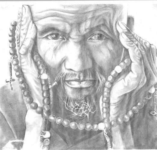 Pencil drawing of a man holding prayer beads.