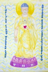 Kolorowy rysunek ołówkiem przedstawiający Amitabhę.