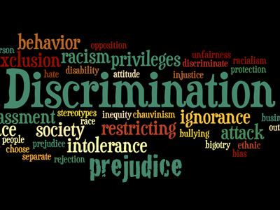 Word cloud showing words like dicrimination and prejudice.