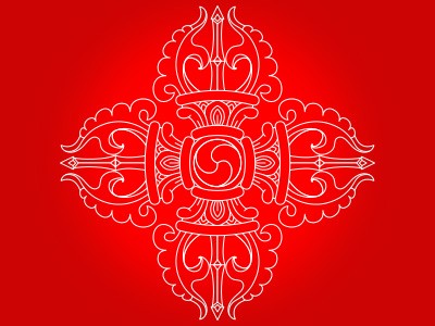 White double dorje over red background.