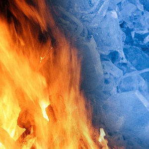 Combined image with fire on the left and ice on the right.
