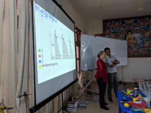 Nauczyciele przemawiający przed ekranem projekcyjnym.