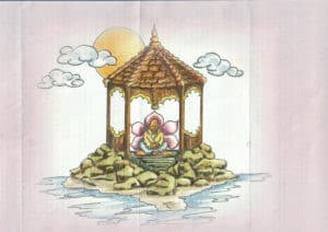 Kolorowy rysunek ołówkiem przedstawiający Buddę medytującego w pagodzie otoczonej wodą.