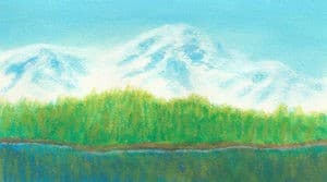 Brightly colored painting of snowy mountain range with greenery and a stream in front.
