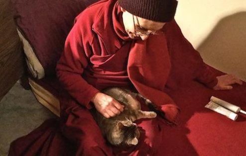Venerable Tsepal with Mudita the cat in her lap.