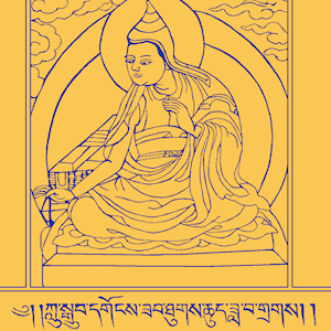 Gold and blue drawing of Chandrakirti.