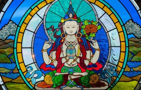 Four-Armed Chenrezig stained-glass window.