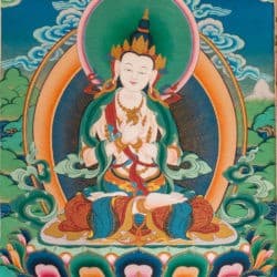 Vajrasattva is white in color with arms crossed at his heart holding a vajra and bell.