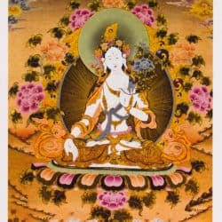 White Tara sits with right hand outstretched and left hand holding a lotus.