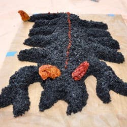 A scorpion made of black sesame seeds to be offered for a fire puja.