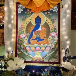 Medicine Buddha thangka surrounded by light and flower offerings.