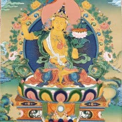 Thangka of Manjushri, orange in color with right hand holding a sword and left hand a lotus with a text.