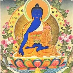 Thangka of Medicine Buddha blue in color with right hand outstretched and holding an alms bowl in his left hand.