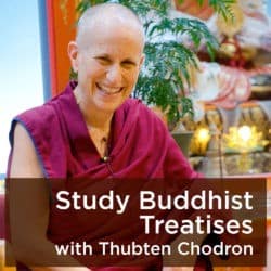 Venerable Chodron smiles while giving a teaching.