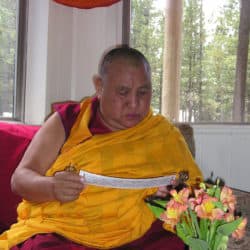Khensur Wangdak Rinpoche reads from a page of a Tibetan prayer text.