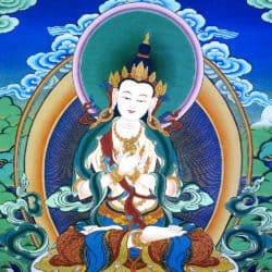 Thangka of Vajrasattva, white in color holding a dorje and bell with hands crossed at his heart.