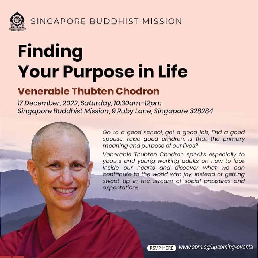 Ulotka na 17 grudnia wykład w Singapurskiej Misji Buddyjskiej na temat „Znalezienie swojego celu w życiu”.