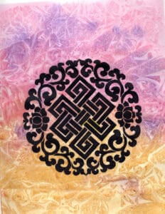 Endless knot painting in black over a pink and orange background.