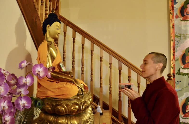 A Buddhist nuns holds a container with food in both hands with eyes closed before the Buddha altar as an offering.
