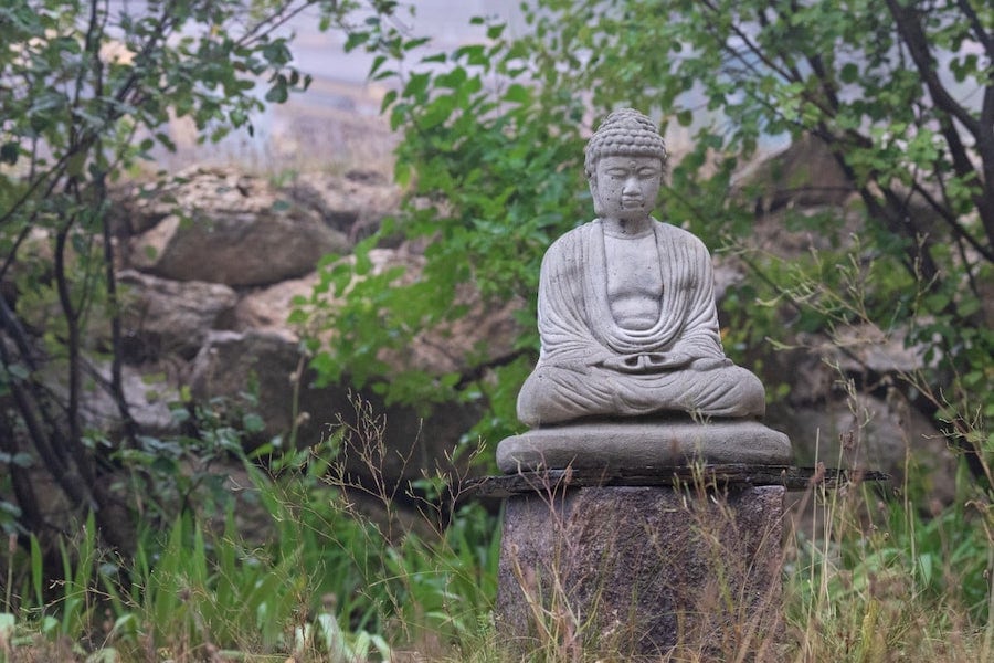 A stone Buddha statue in the garden on a pedestal.