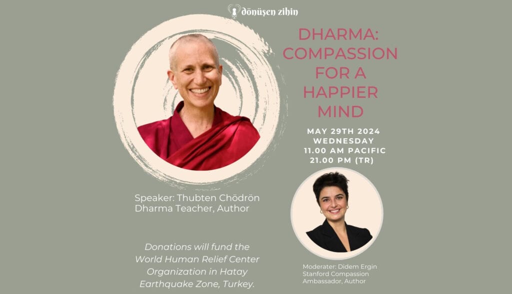 Fundraising flyer for the "Dharma: Compassion for a Happier Mind" talk