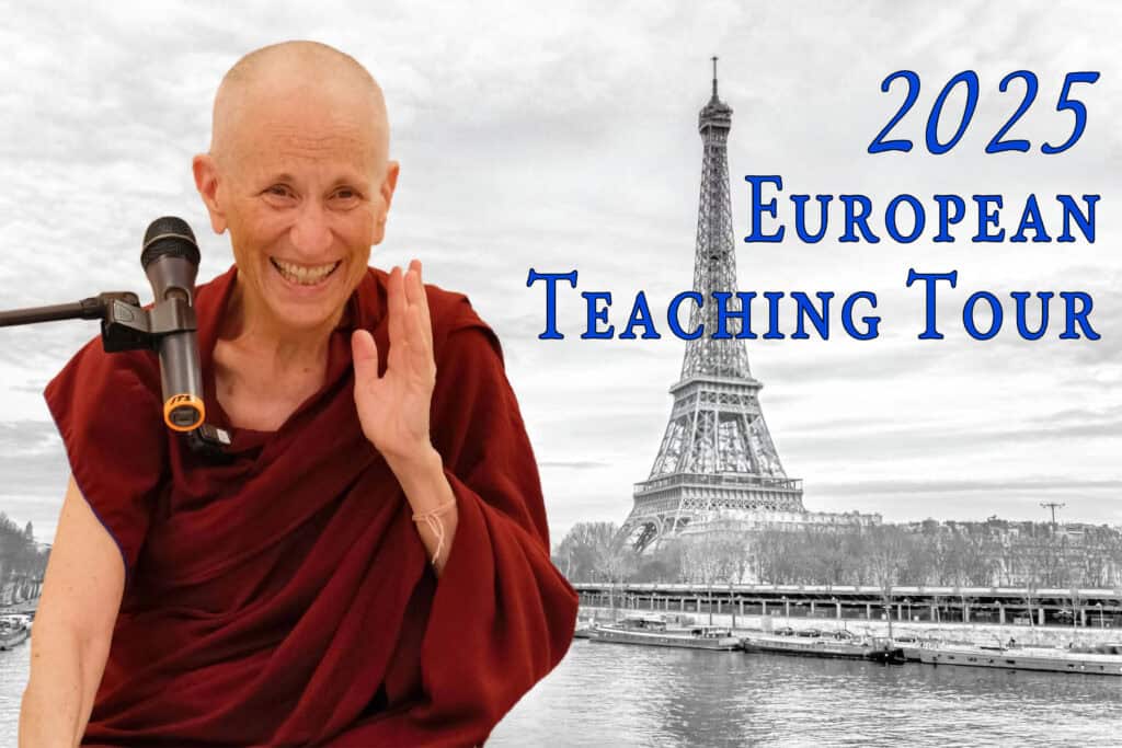 Venerable Chodron in front of a scene in Europe
