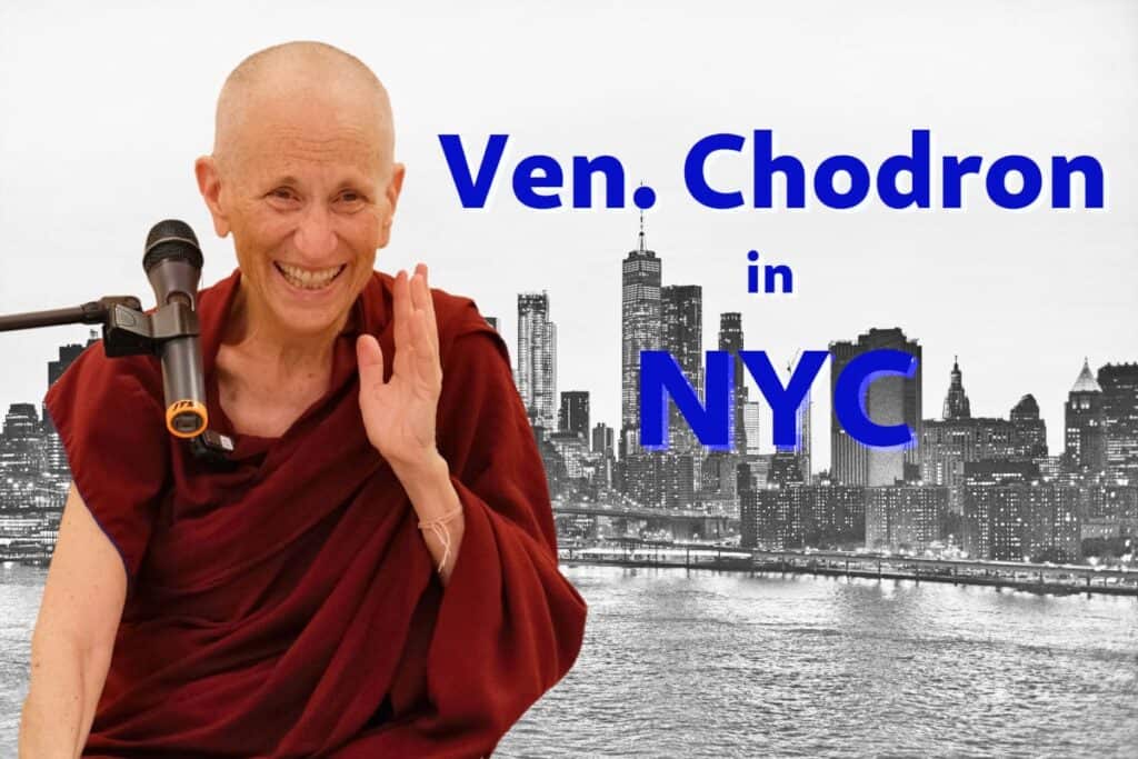 Venerable Chodron against a backdrop of the New York City skyline.